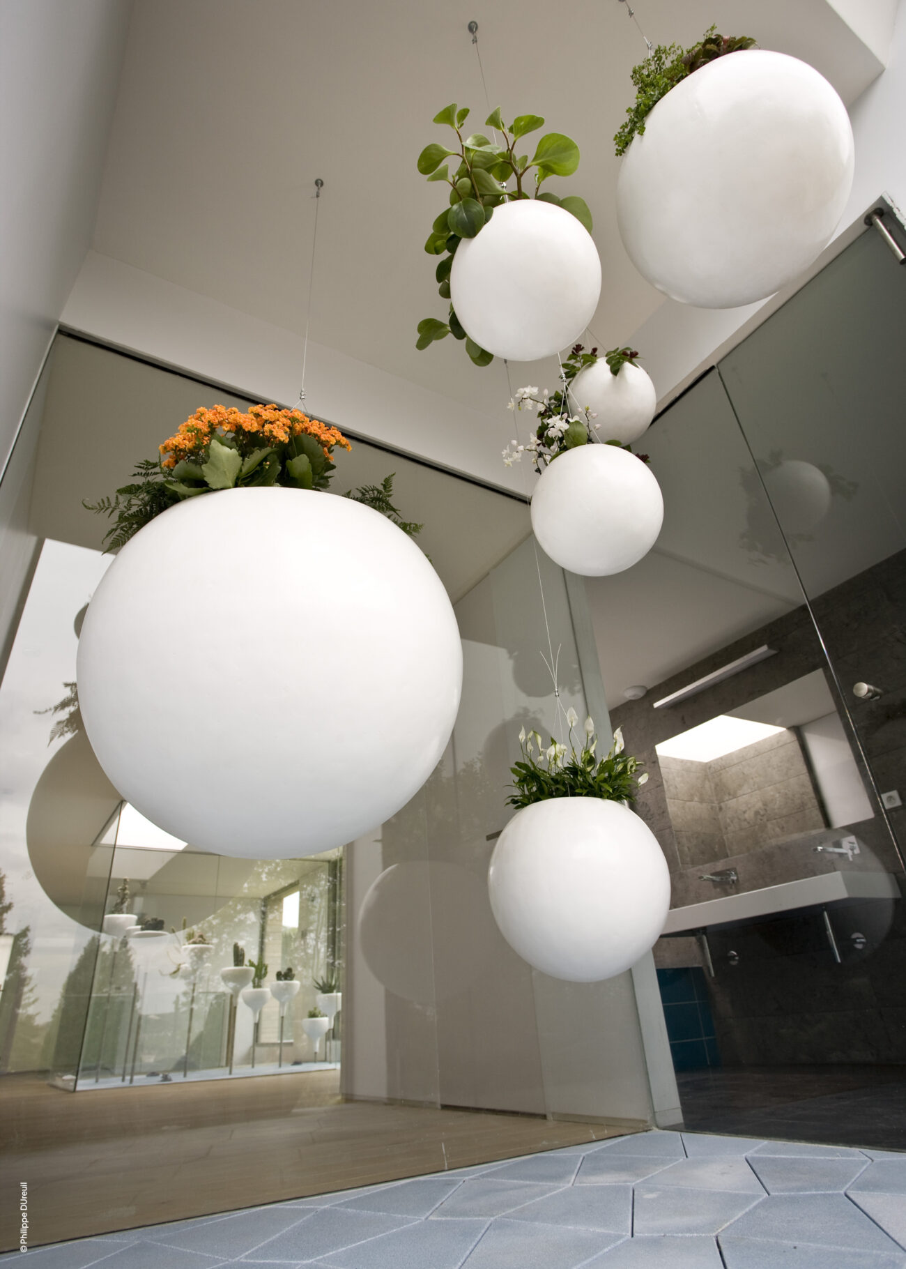 Photo en contre plongée d'une serre design dans une maison d'architecte.